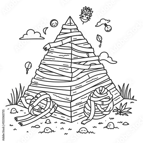 Unraveling Pyramid Line Art with Red Scarab, Egyptian Mummy Concept, Vector Illustration