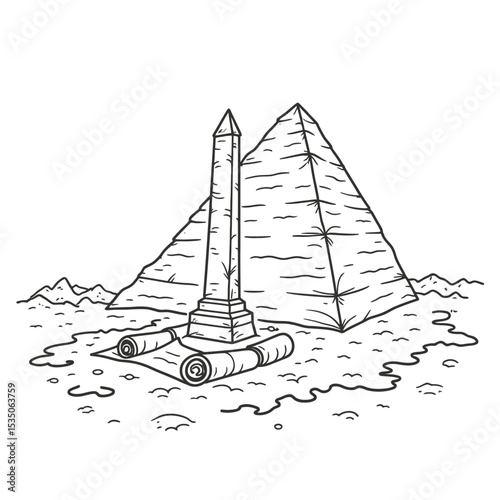Egyptian Obelisk and Pyramid Line Art with Red Wax Seal, Ancient Scroll Shadow, Vector Design