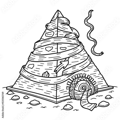 Unraveling Pyramid Line Art with Red Scarab, Egyptian Mummy Concept, Vector Illustration