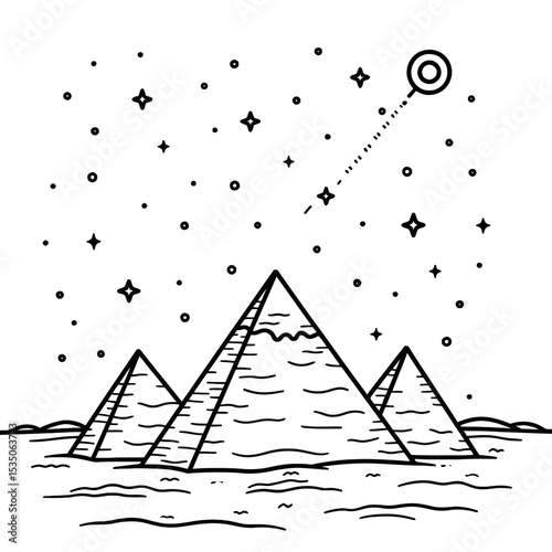Pyramids of Giza Line Art in Orion’s Belt Formation, Red Star Highlight, Astronomy Vector Art