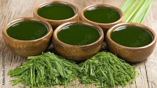 Invigorating wheatgrass juice in rustic wooden bowls, a healthy and vibrant blend