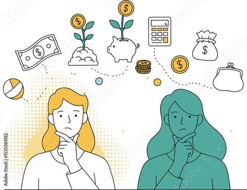 
Financial Decisions Illustration - Money Management, Investment Choices.