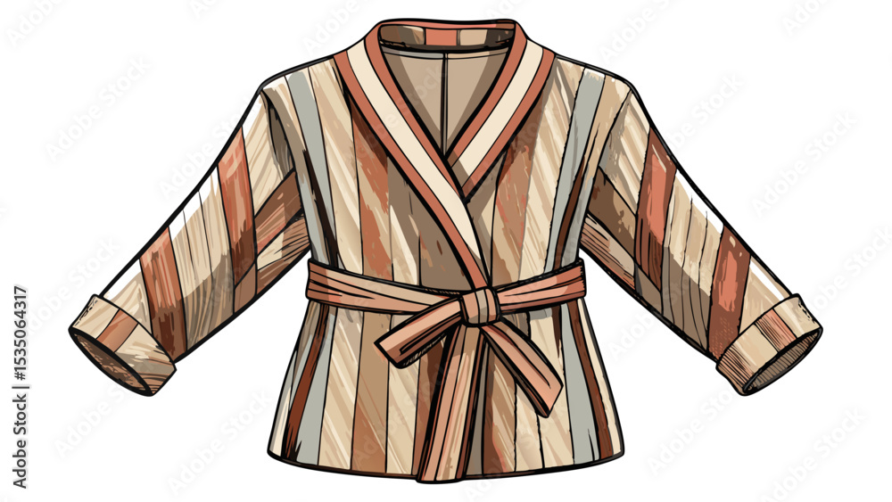 Soft knit robe with long sleeves and waist belt shown open on white background. Neutral tones and detailed fabric lines make this piece great for calm and stylish vector scenes.

