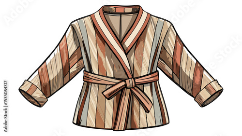 Soft knit robe with long sleeves and waist belt shown open on white background. Neutral tones and detailed fabric lines make this piece great for calm and stylish vector scenes.

