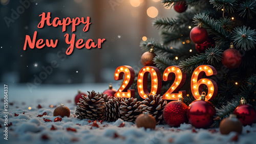 Festive 'Happy New Year 2026' display with christmas tree and ornaments for the holidays