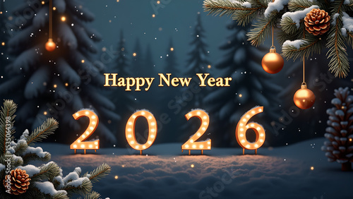 Festive 2026 New Year Celebration with Glowing Numbers and Winter Forest Backdrop