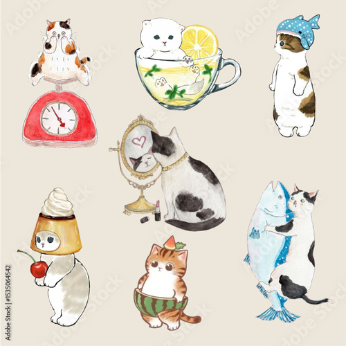 Set of cute funny cats playing, sitting,, smiling, laying on scratching post isolated on white background. Hand drawn style. Vector illustration