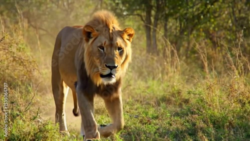 Confident male lion walking through golden grassy field with warm forest backdrop. Wildlife concept
