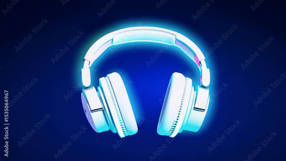 Sleek white wireless headphones rotate beneath neon blues magentas showcasing modern design video immersive stereo promise razor sharp K ready music tech commercials DJ promos e commerce product