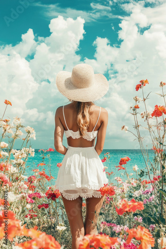 Caucasian woman wearing summer cloth and straw hat with flowers over sea and sky, Summer vacation rest concept