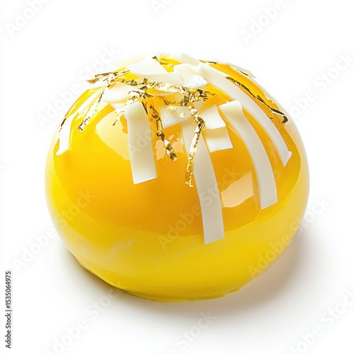 A different delicious spring dessert, a vibrant mango and passionfruit dome mousse with a glossy mirror glaze,