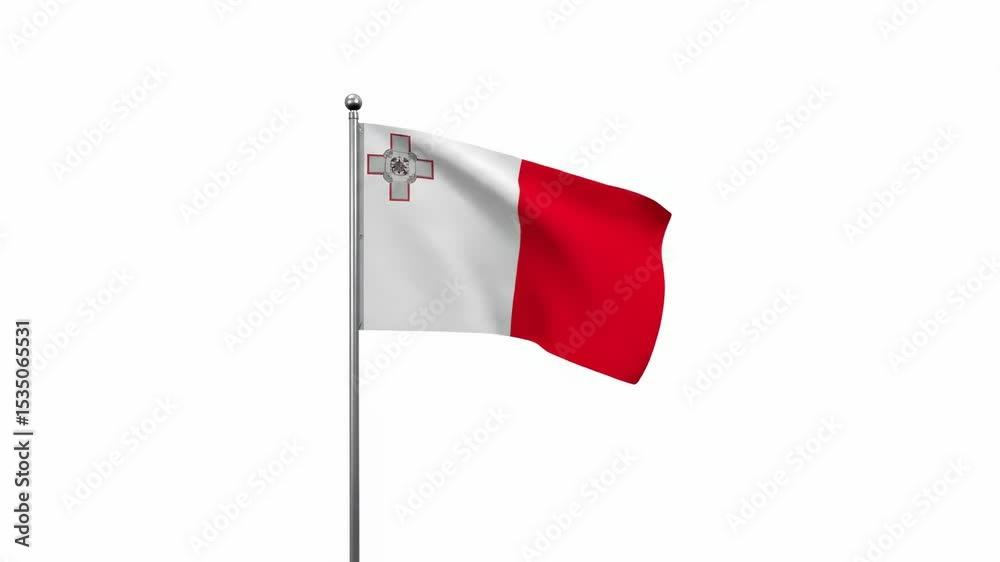 Malta flag waves atop a metal flagpole against a white backdrop
