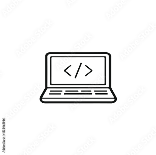 Flat vector icon depicting a laptop screen with code brackets (</>), symbolizing programming, development, software engineering, or coding. Suitable for tech blogs, developer portfolios, software tool