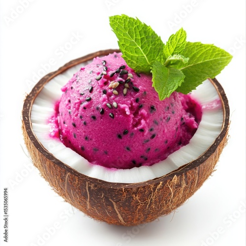 A different delicious spring dessert, a vibrant pink dragon fruit sorbet in a halved coconut shell, 