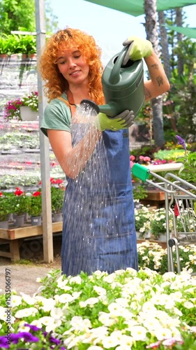 Dedicated redhead gardener carefully watering pristine white petunias, nurturing delicate flowers with professional care in sunlit garden center environment