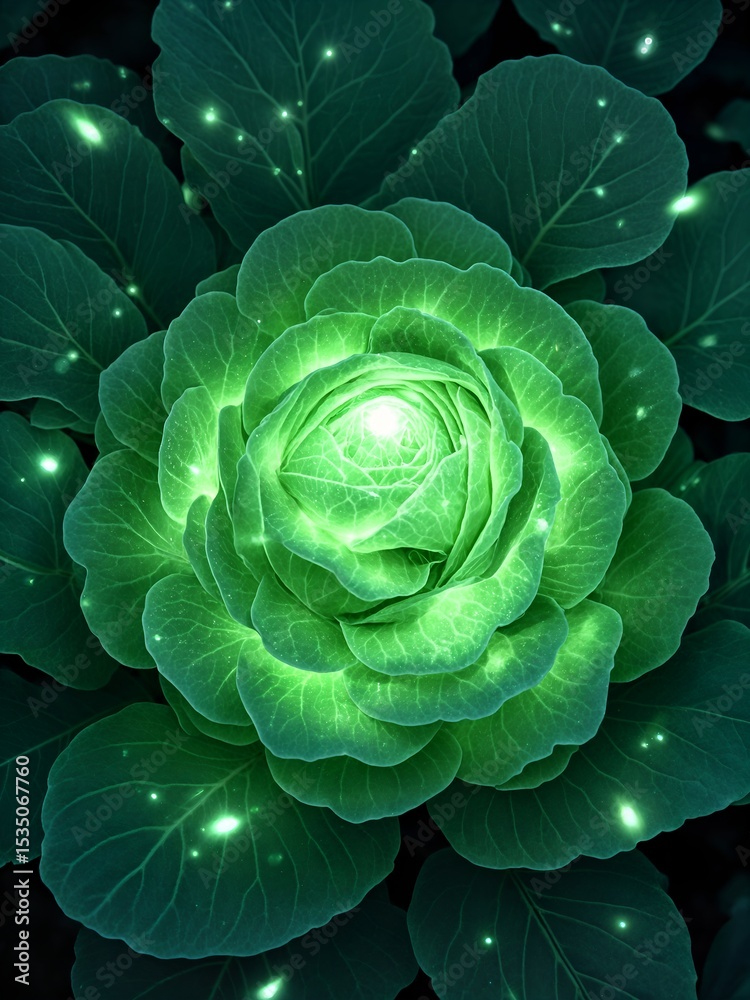 Fototapeta premium Magical anime glowing cabbage pattern, ethereal aura around leaves, shimmering magical dust, mystical symbols (optional), dreamy and luminous.
