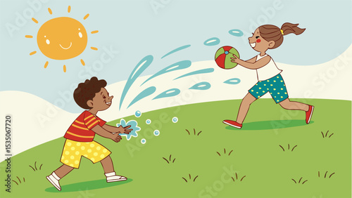 Illustration of children playing with a ball on a grassy hill under a smiling sun on a bright sunny day