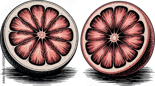 Two halves of a grapefruit are shown in a detailed, black and white illustration.
