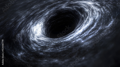 Astronomical depiction of a black hole with swirling light and dark matter.