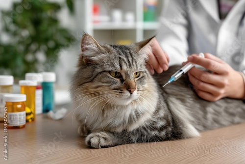 Cat is calmly receiving a vaccination from a veterinarian in a well-lit clinic, surrounded by colorful medicine bottles and a green plant, showcasing the caring atmosphere of veterinary care