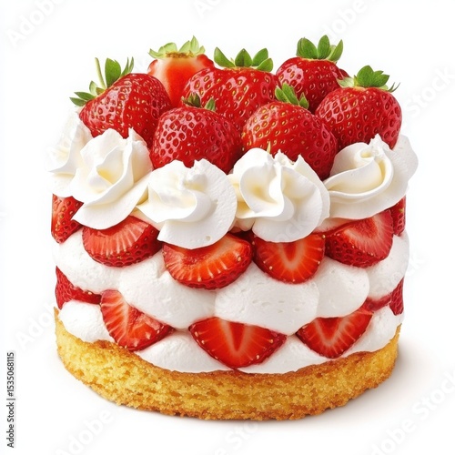 A different delicious spring dessert, a vibrant strawberry shortcake with layers of fluffy sponge cake, fresh strawberries,