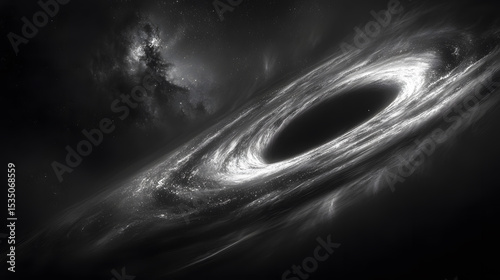 Astronomical depiction of a black hole with accretion disk in a starry space environment