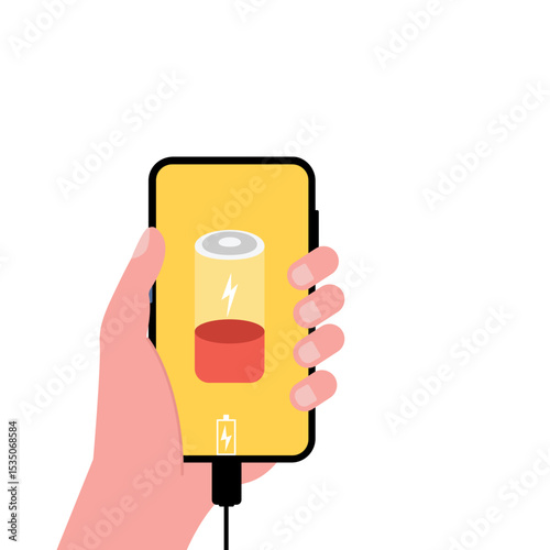 Hand holding  smartphone with low battery icon showing up on the device screen,Empty battery, with isolated  background vector illustration.