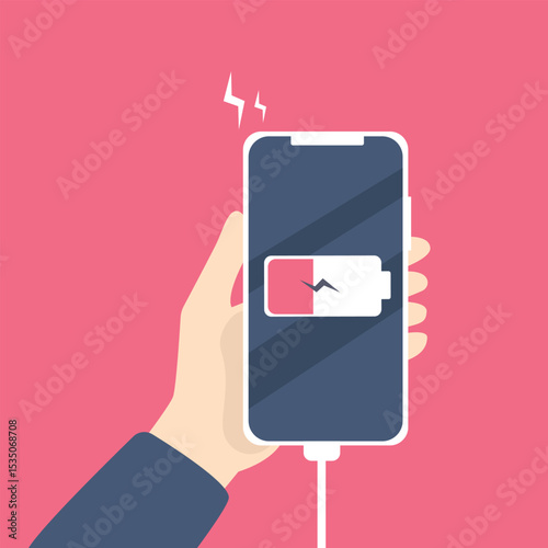Hand holding  smartphone with low battery icon showing up on the device screen,Empty battery, with isolated  background vector illustration.
