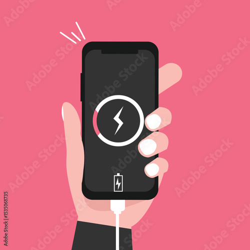 Hand holding  smartphone with low battery icon showing up on the device screen,Empty battery, with isolated  background vector illustration.