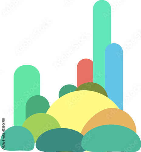 다양한 색상의 둥근 모양과 직사각형이 쌓여있는 추상적인 풍경 또는 언덕 디자인
