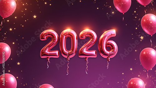 Festive 2026 New Year Celebration with Balloons and Stars on a Purple Background