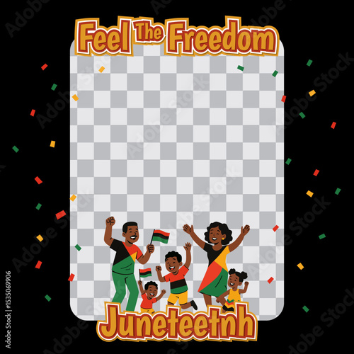 Colorful Juneteenth vector frame template with cheerful characters dancing to celebrate emancipation and freedom for African Americans