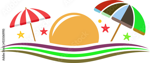 해변가에 해가 뜨거나 지는 풍경과 파라솔 장식 로고 디자인
