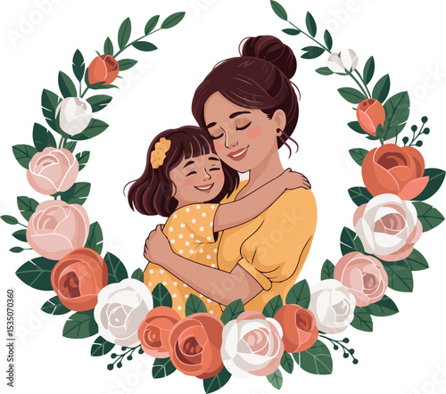 A loving embrace between a mother and daughter is depicted within a wreath of colorful flowers.