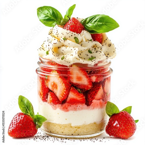 A different delicious strawberry and basil jar cake dessert, with light strawberry sponge