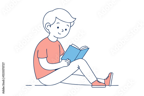 Cartoon Boy Reading in Sitting Pose Illustration
