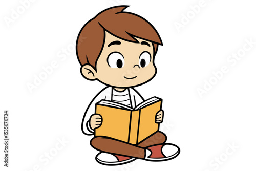 Boy Sitting Reading Book Cartoon Line Drawing