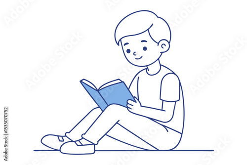 Cute Boy Reading Book Line Art on White