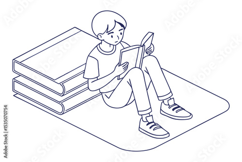 Minimal Reading Boy Cartoon Line Drawing