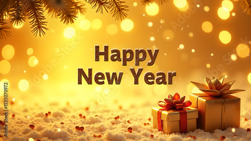 Festive golden happy new year illustration with gifts and bokeh lights
