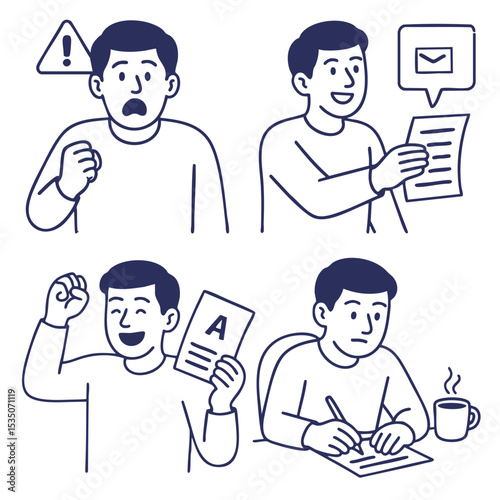 Feeling range of emotions, person reacts to different situations, from surprise to joy
