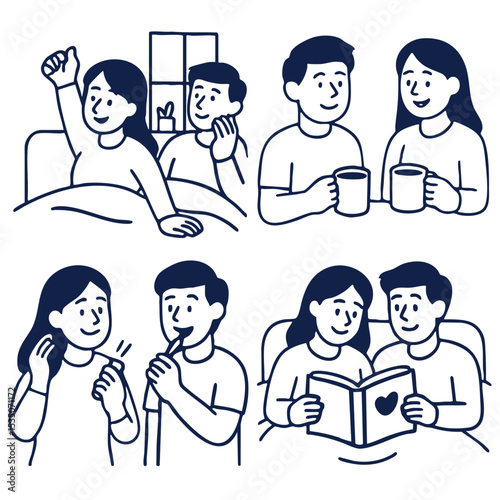 Cozy morning moments shared between couple, enjoying coffee and reading together