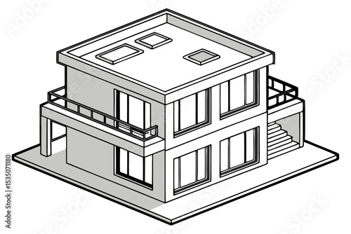 Top View of Contemporary Apartment Block Line Art
