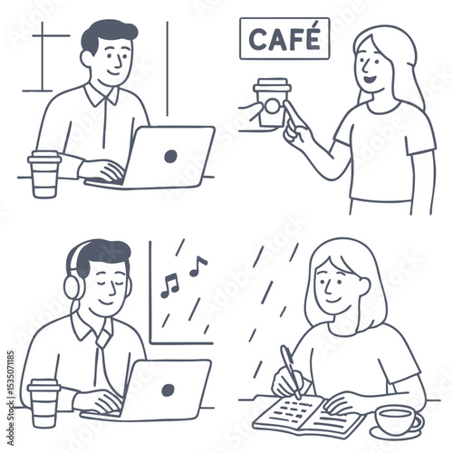 Illustration of people working in cafe, enjoying coffee, and being productive