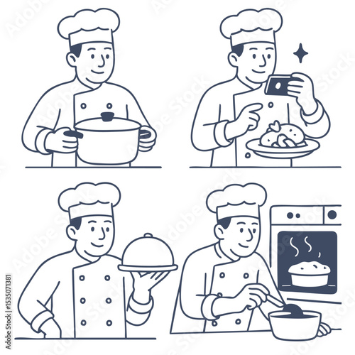 Chef preparing food, taking photo, serving dish, and cooking in kitchen