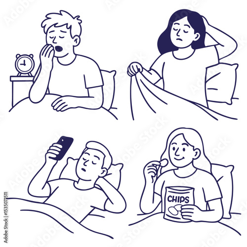 Sleepy person yawning, woman waking up, man on phone, girl eating chips in bed