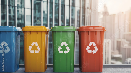 Four colorful recycling bins (blue, yellow, green, red) stand in a row outdoors, symbolizing waste segregation and environmental responsibility.
