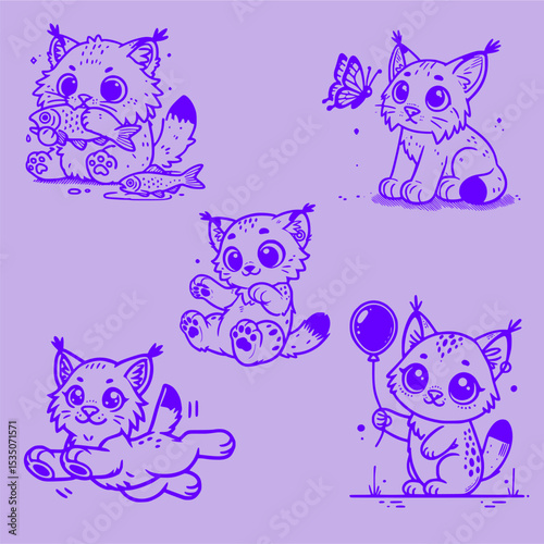 Seamless pattern with doodle cats among stars. Continuous one line kittens. Feline in different poses. Animals sit, lay,relax. Childish monochrome print,wrapping paper. Modern drawing with domestic pe