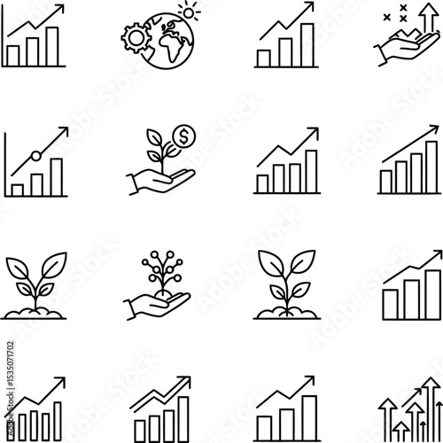 Collection of modern line art icons representing financial growth and business development concepts