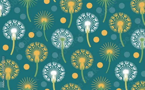  a repeating pattern of stylized dandelions and dots on a teal background. The design is cheerful and evokes the whimsical feeling of spring and summer. 